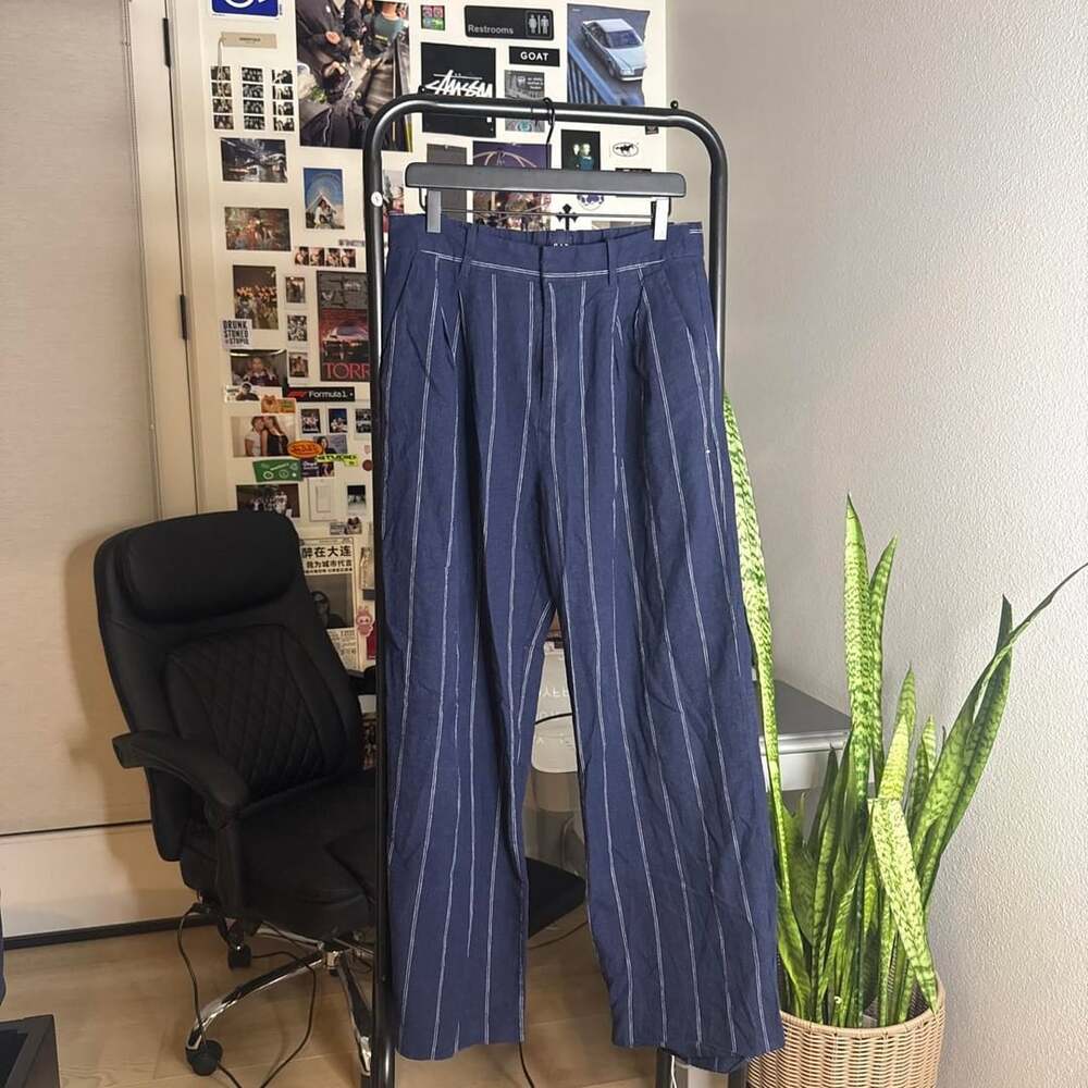 Gap 365 High Rise Linen-Blend Trouser Pinstripe Navy Blue Size 8